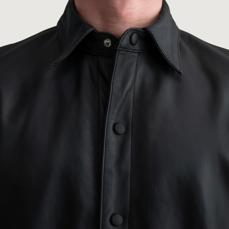 Mens Haven Matte Black Leather Shirt Close-Up-9-1724081780096